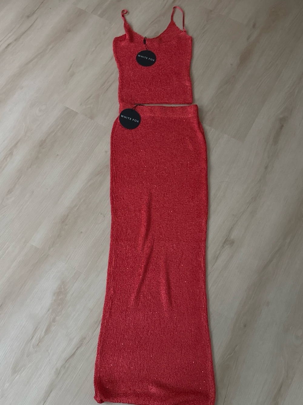 White Fox Boutique Red Knit Maxi Skirt & Crop Top Set